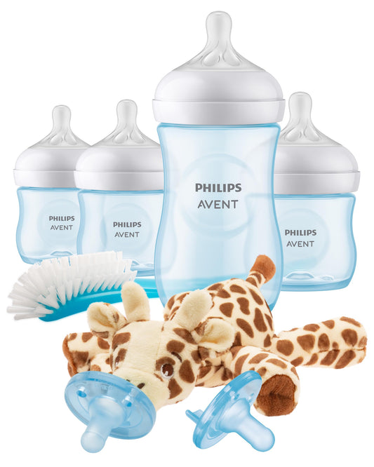 Philips Avent Natural Response Baby Gift Set - 3x 4oz Blue Bottles with Slow Flow Nipples (Flow 2), 1x 9oz Blue Bottle with Medium Flow Nipple (Flow 3), 2x Soothie Pacifiers 0-3m, SCD838/04