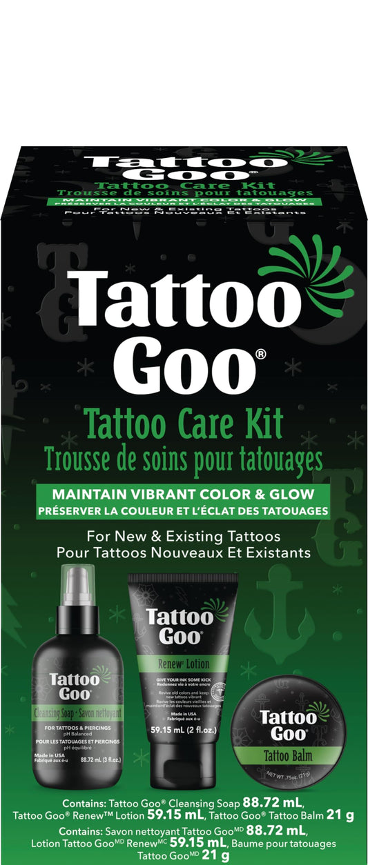 Tattoo Goo Aftercare Kit (3 Piece Set) – Cleansing Soap, Tattoo Balm & Renew Lotion for Daily Tattoo Care, Hydrates & Maintains Color, Vegan & Petroleum-Free