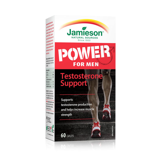 Jamieson Power for Men Vegetarian Caplets, with Fenugreek, Zinc, Magnesium Aspartate, Vitamin B6, and Beta-Alanine. Supports Testosterone Production, Muscle Strength, and Recovery, Gluten-Free, 60 Count, Proudly Canadian