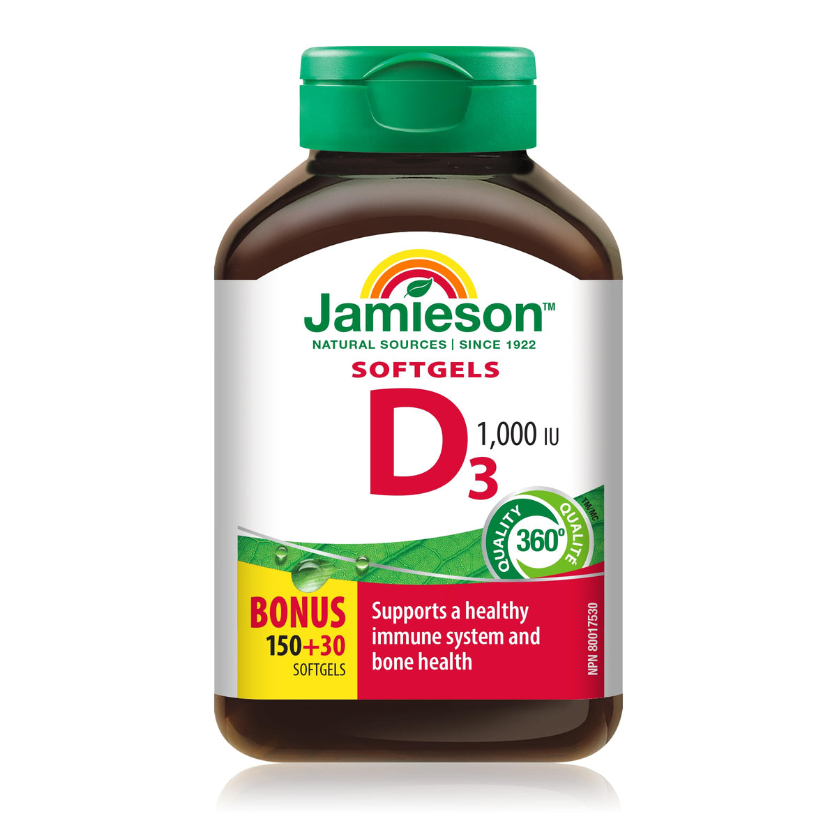 Jamieson Vitamin D3 1,000 IU Softgels, Easy to Swallow, Supports Immune Health, Strong Bones and Teeth, Enhances Calcium and Phosphorus Absorption. Non-GMO, Gluten-Free, One Per Day, Value Size, 180 Count, Proudly Canadian