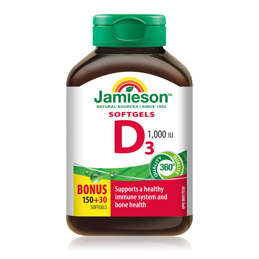 Jamieson Vitamin D3 1,000 IU Softgels, Easy to Swallow, Supports Immune Health, Strong Bones and Teeth, Enhances Calcium and Phosphorus Absorption. Non-GMO, Gluten-Free, One Per Day, Value Size, 180 Count, Proudly Canadian