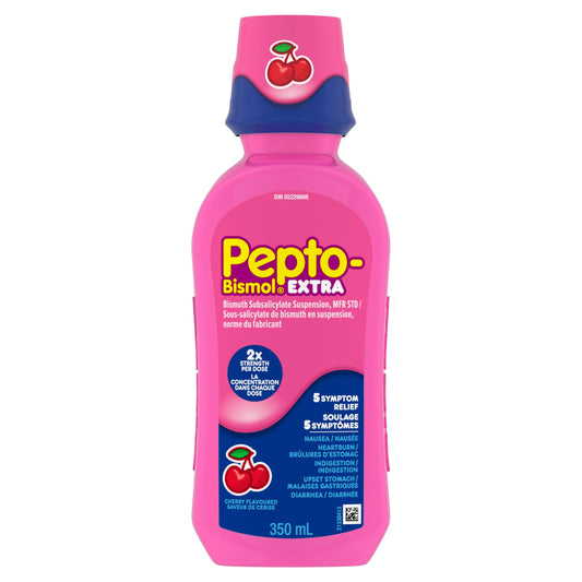 Pepto Bismol Extra Strength Liquid, 2X Concentrated Formula, Upset Stomach Relief, Diarrhea Relief, Heartburn, Nausea, Indigestion, Upset Stomach, Cherry Flavour, 12oz /350mL