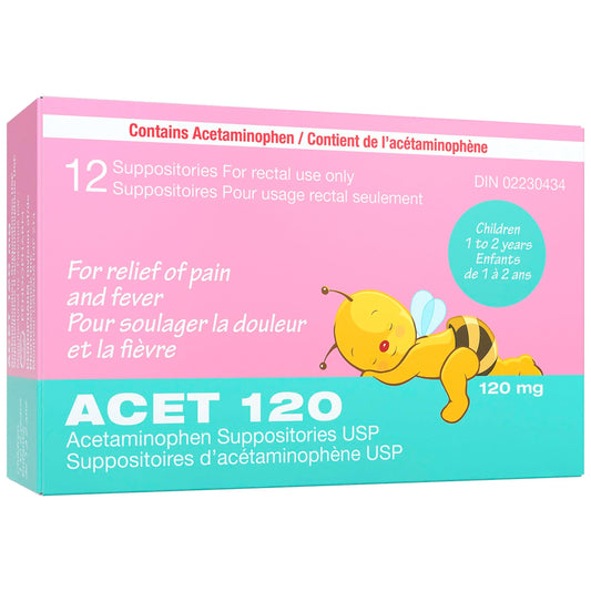 ACET Suppository for Fever & Pain 120mg - Fever Reducer Suppositories for Children (1-2 Years) - Comfortable & Safe Acetaminophen Suppository - For Rectal Use Only