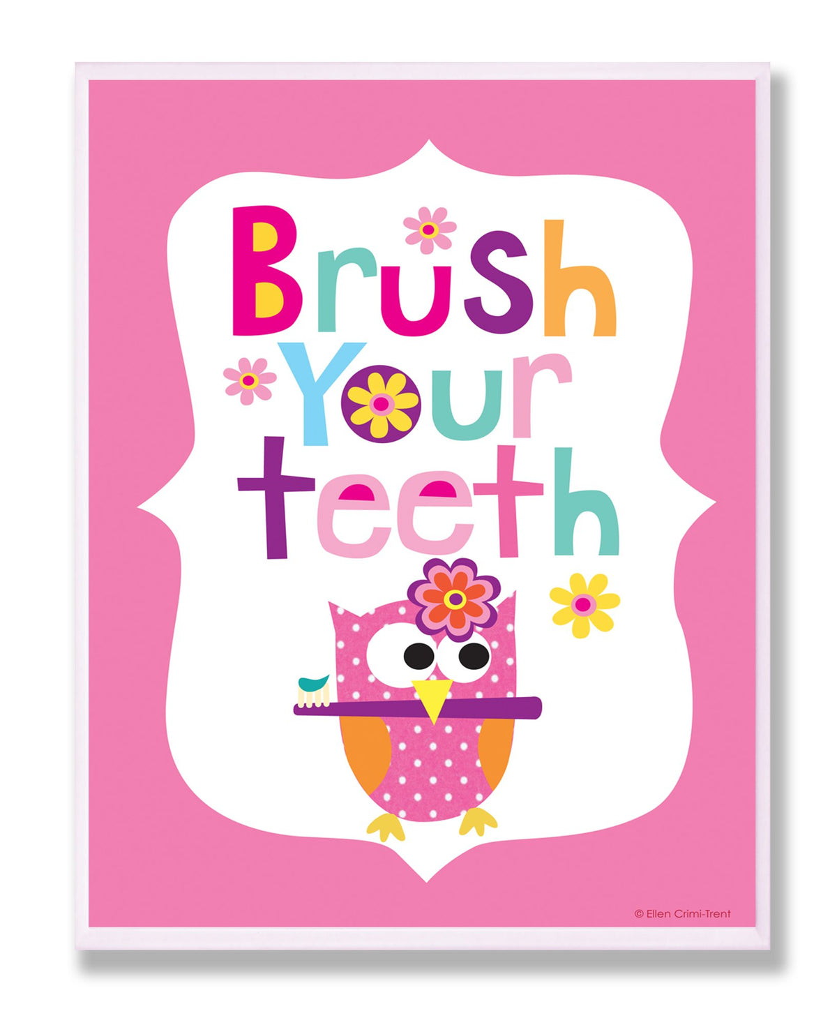 The Kids Room by Stupell Brush Your Teeth with Owl on Pink Back Background Rectangle Wall Plaque