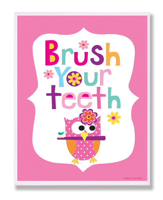 The Kids Room by Stupell Brush Your Teeth with Owl on Pink Back Background Rectangle Wall Plaque