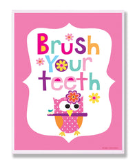 The Kids Room by Stupell Brush Your Teeth with Owl on Pink Back Background Rectangle Wall Plaque