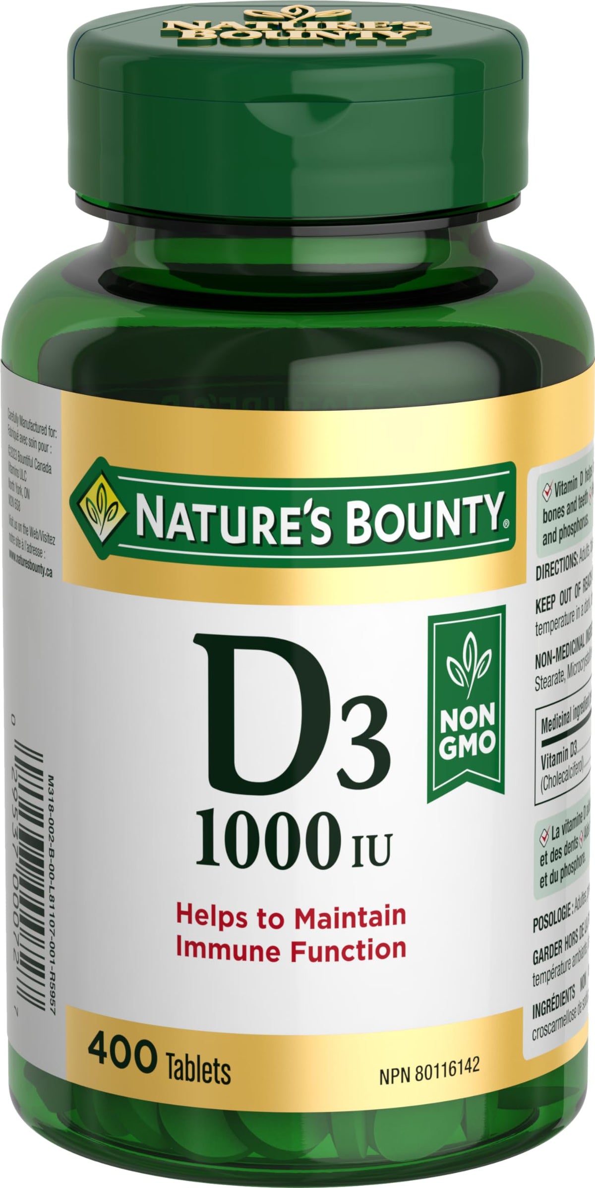 Nature's Bounty Vegetarian Non-GMO Vitamin D3, Vitamin D Supplement, Helps to Maintain Immune Function, 1000 IU, 400 Tablets
