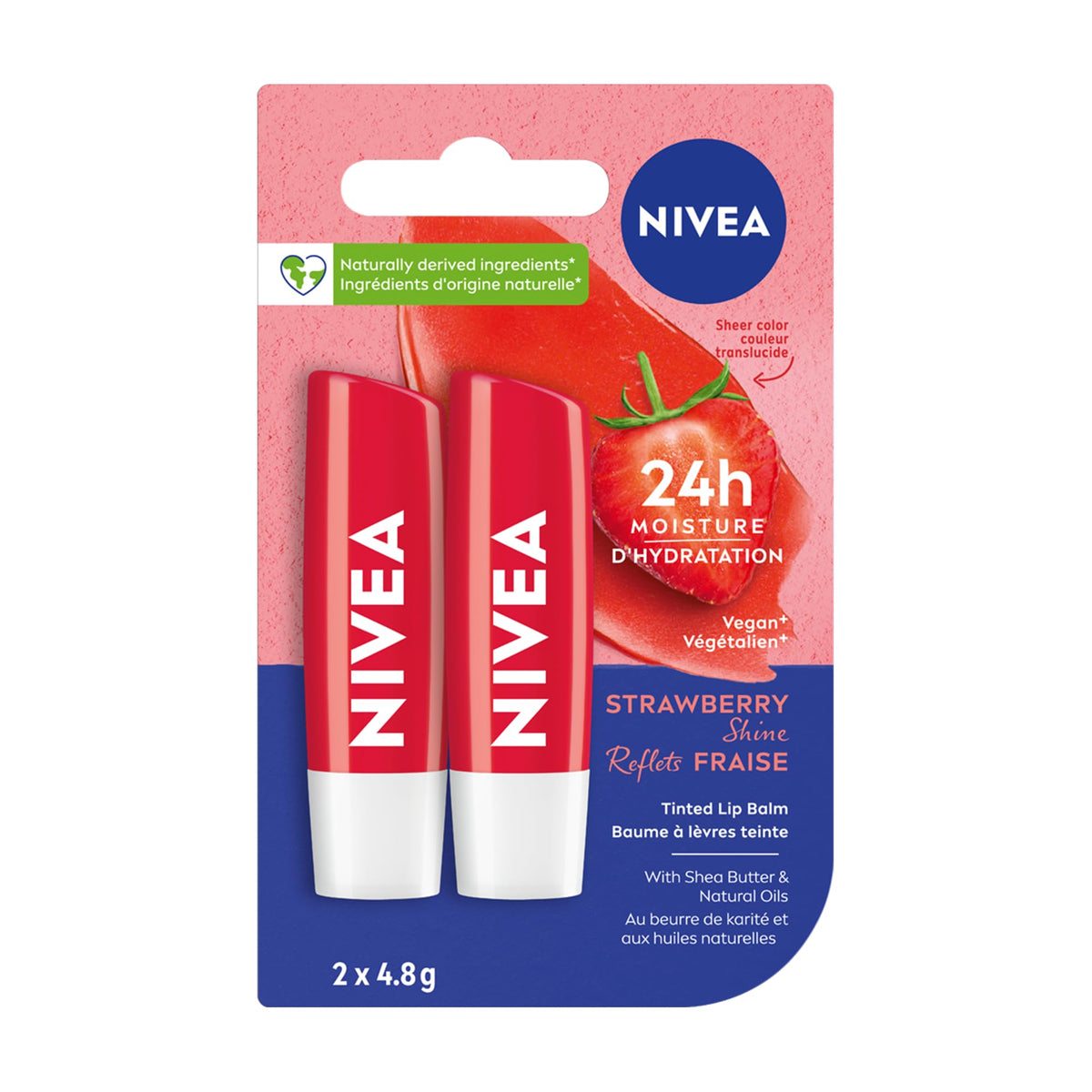NIVEA Strawberry Shine Lip Balm (2x4.8g) | Shimmery Red Tinted Lip Care, 24H Hydration