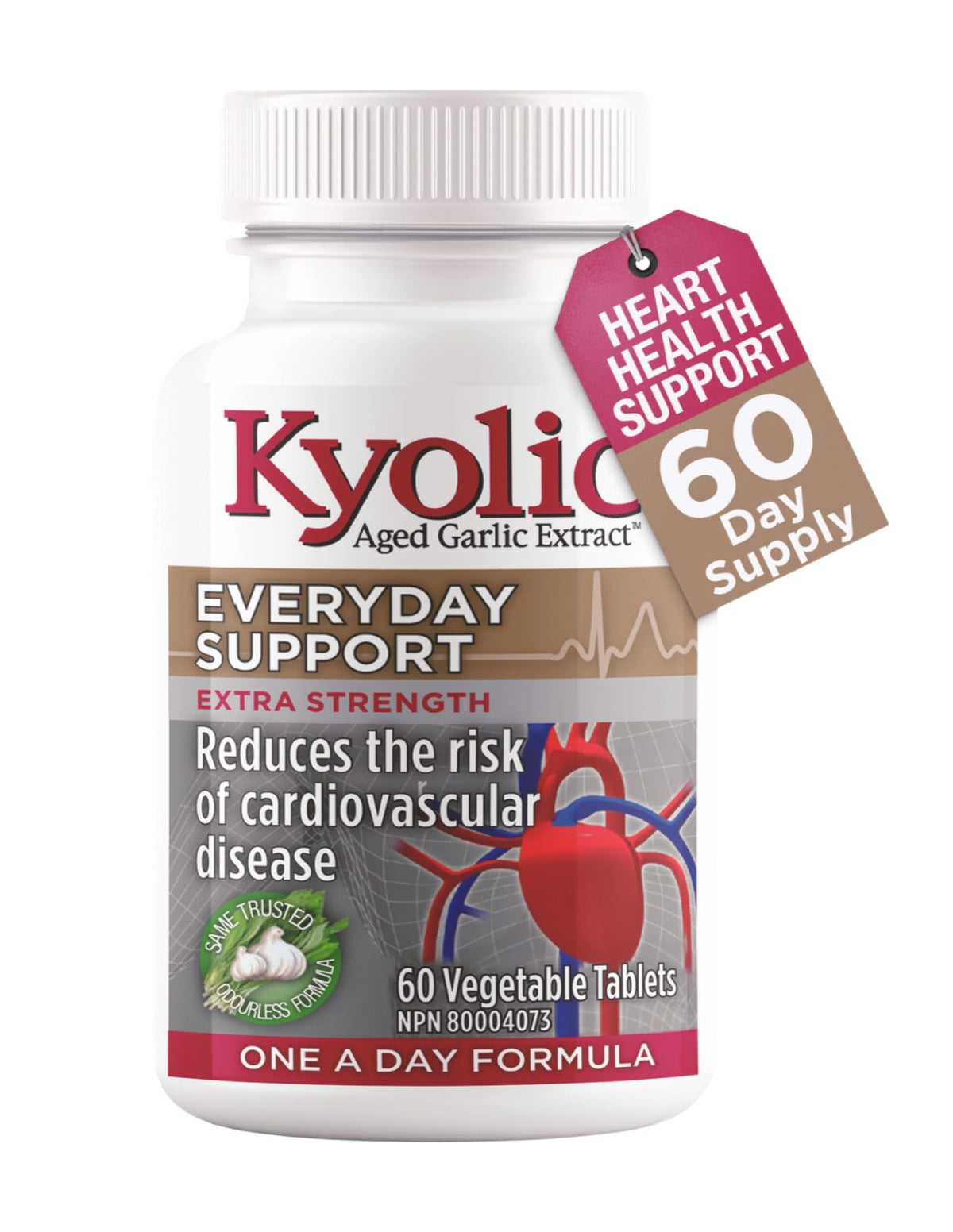 Kyolic - Odourless Aged Garlic Extract Everyday Support Extra Strength One-A-Day 1000mg, 60 Veg Tablets 60-Day Supply - Kyolic Garlic Supplements, Garlic Pills - Herbal Supplement for Wellness Support