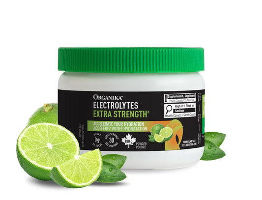 Organika Canadian-Made Electrolytes Extra-Strength Powder - Lemon Lime - High in Sodium for Sport Recovery - Saltier Taste, Sugar-Free Hydration and Electrolyte Replenishment - 180g, 30 servings