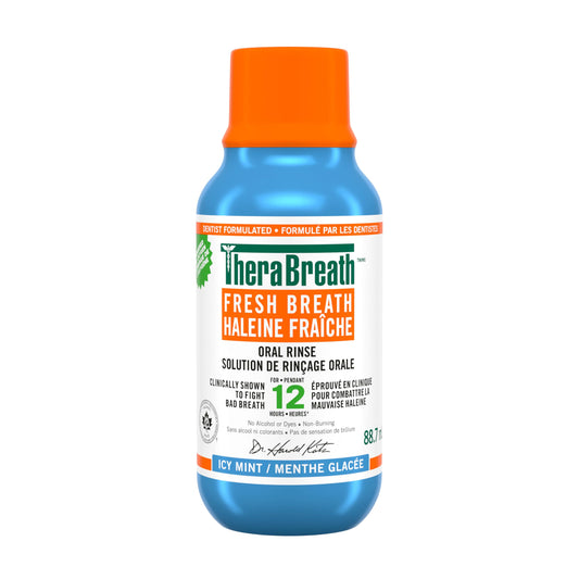 TheraBreath Fresh Breath Oral Rinse, Travel Size, Clinically Shown to Fight Bad Breath for 12 Hours, Alcoho & Dye-Free Mouthwash, Vegan, Halal, Kosher & Gluten-Free - Icy Mint, 88.7ml (Pack of 1)