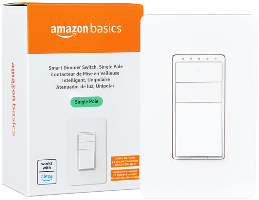 Amazon Basics Smart Dimmer Switch, Single Pole, Works with Alexa Only, 2.4 GHz Wi-Fi, No Hub Required, White