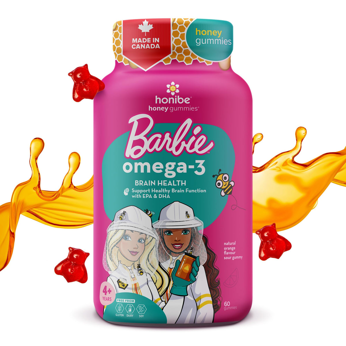 Honibe Omega 3 Gummies for Kids & Adults, Barbie, Made in Canada, Fatty Acids Support Brain Health, Trusted Source of Omega-3 EPA & DHA, Sustainably Sourced Fish Oil No Fishy Taste, 60 Gummies