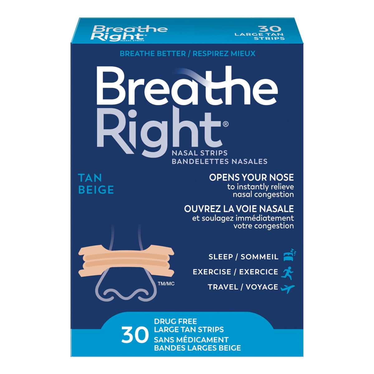 Breathe Right Nasal Strips, Original Large, Tan, Drug-Free Snoring Solution & Nasal Congestion Relief Caused by Colds & Allergies, Nightly Sleep, 30 Count