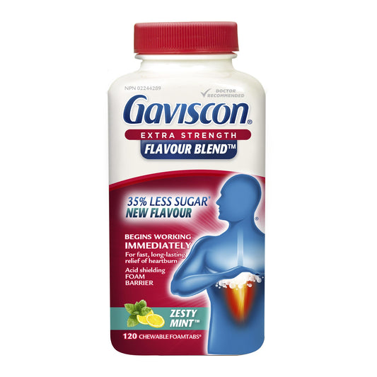 Gaviscon Extra Strength Tablets - Less Sugar, Zesty Mint, 120-Count - Chewable Foaming Antacid Tablets for Day and Night Heartburn Relief, Acid Reflux & GERD - Free from Aluminum, Lactose and Gluten