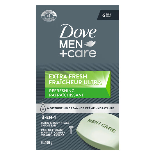 Dove Men+Care Refreshing Extra Fresh Bar Soap Formulated for Men's Skin, 3-N-1 Hand & Body + Face + Shave Bar Soap, with ¼ Moisturizing Cream, 106g (Pack of 6)