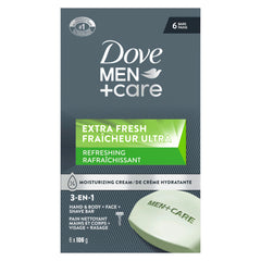 Dove Men+Care Refreshing Extra Fresh Bar Soap Formulated for Men's Skin, 3-N-1 Hand & Body + Face + Shave Bar Soap, with ¼ Moisturizing Cream, 106g (Pack of 6)