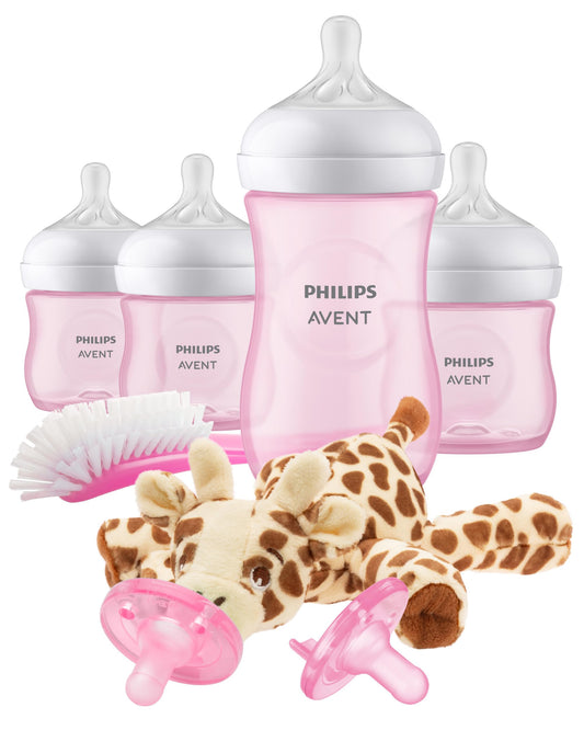 Philips Avent Natural Response Baby Gift Set - 3x 4oz Pink Bottles with Slow Flow Nipples (Flow 2), 1x 9oz Pink Bottle with Medium Flow Nipples (Flow 3), 2x Soothie Pacifiers 0-3m, SCD838/03