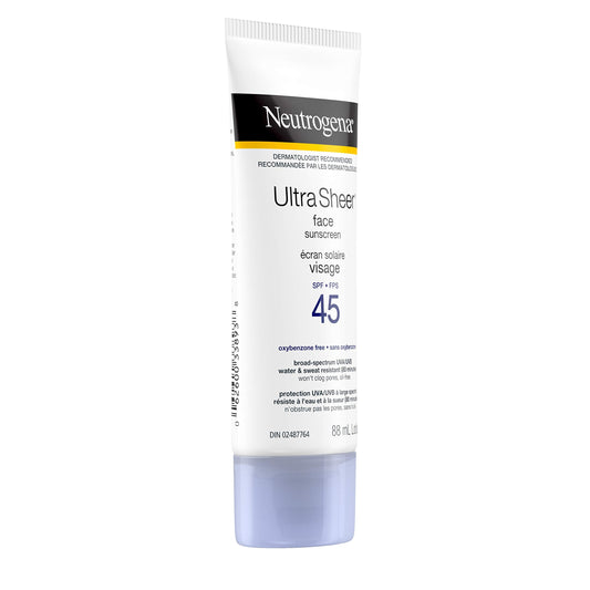 Neutrogena Ultra Sheer Face Sunscreen Lotion Broad Spectrum SPF 45, Dermatologist-tested, Oxybenzone-free, Non-comedogenic, Water Resistant & Non-Greasy, 88mL