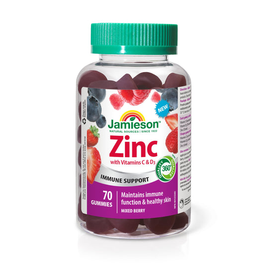 Jamieson Zinc 15 mg Gummies Mixed Berry Flavour, with 50 mg Vitamin C and 400 IU Vitamin D3, Supports Immune Health, Bone Health, Healthy Hair, Skin, and Nails. Vegetarian, Gluten-Free, No Artificial Colours, Flavours, or Preservatives, 70 Count