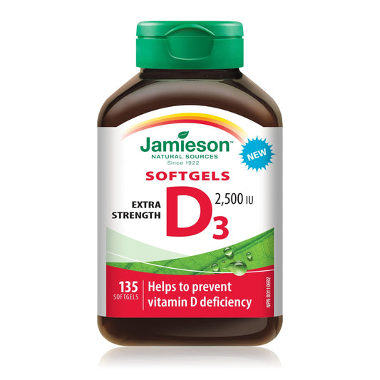 Jamieson Vitamin D3 2,500 IU Softgels, Easy to Swallow, Supports Immune Health, Strong Bones and Teeth, Enhances Calcium and Phosphorus Absorption. Non-GMO, Gluten-Free, One Per Day, 135 Count, Proudly Canadian