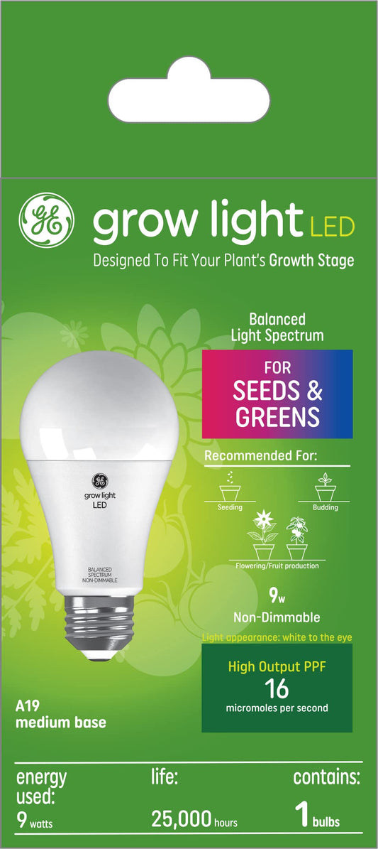 GE Lighting Grow Light LED Balanced Light Spectrum 9W Seeds and Greens A19 Light Bulb (1-Pack)