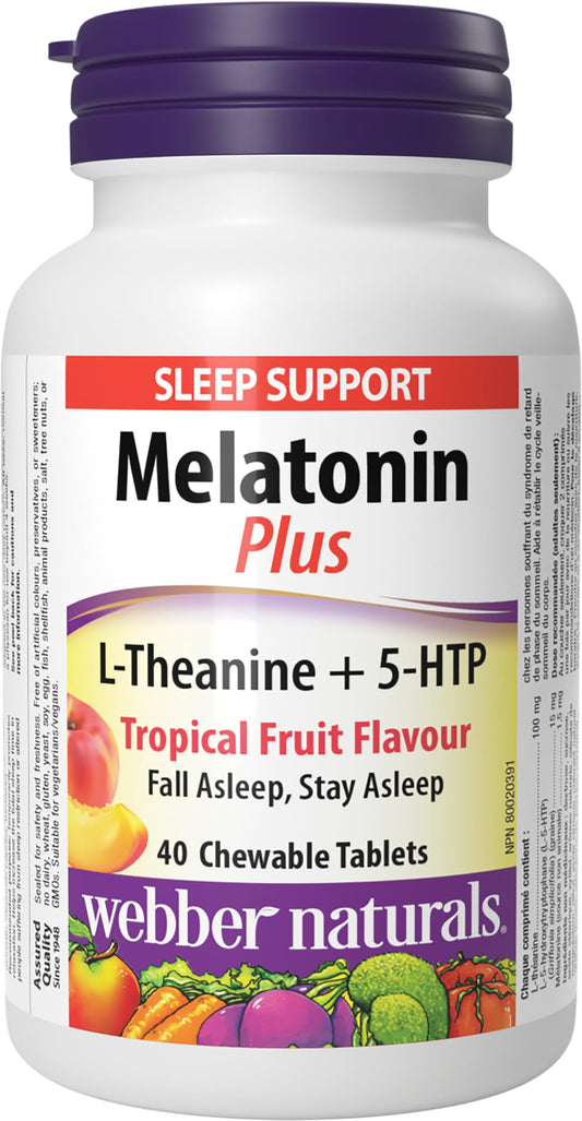 Webber Naturals Melatonin Plus, 1.5 mg of Melatonin with L-Theanine & 5-HTP, 40 Chewable Tablets, For Sleep Support, Vegan
