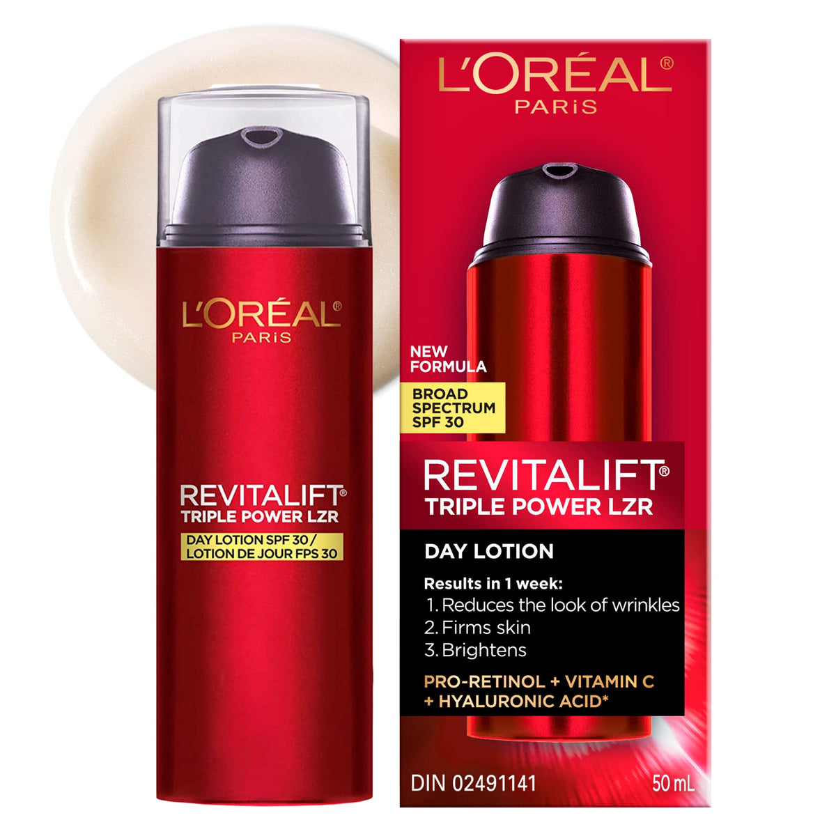 L'Oreal Paris Anti-Aging Day Lotion Spf 30 With Pro-retinol, Vitamin C + Hyaluronic Acid | Revitalift Triple Power Lzr, 50 Milliliters