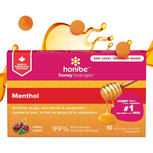 Honibe 100% Pure Honey Lozenges, Made in Canada, Soothes Sore Throat, with Menthol, 1 pack (10 lozenges),Natural Cherry