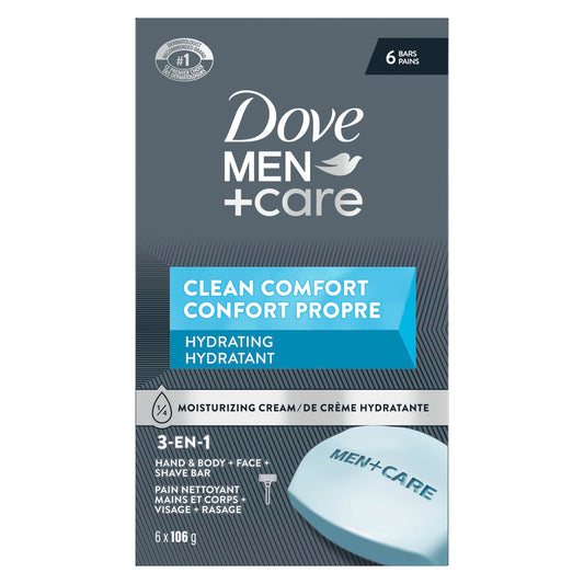Dove Men+Care Hydrating Clean Comfort Bar Soap to Clean and Hydrate Men's Skin 3-N-1 Hand & Body + Face + Shave Bar Soap with ¼ Moisturizing Cream, 106g (Pack of 6)