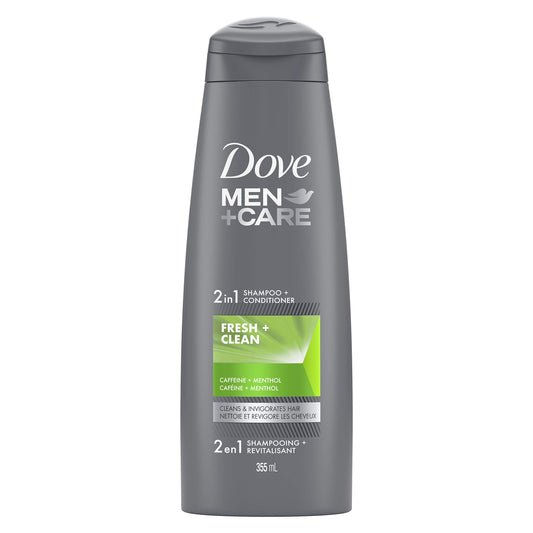 Dove Men + Care 2 in 1 Shampoo & Conditioner deep cleans hair for an invigorating effect Fresh Clean with caffeine and menthol 355 ml