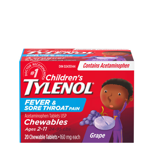 TYLENOL Children's Fever and Sore Throat Pain Chewables, Relieves Fever and Sore Throat Pain 20ct, Grape Flavour, For ages 2-11yrs