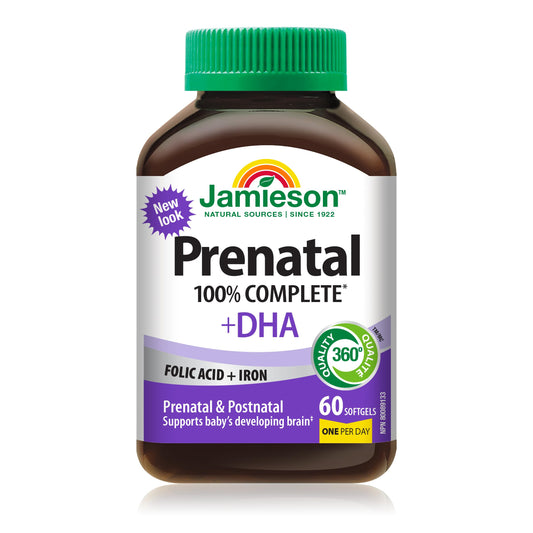 Jamieson Prenatal 100% Complete Multivitamin + DHA, with Folic Acid and Iron. Formulated for Prenatal and Postnatal, and While Breastfeeding, Supports Baby's Developing Brain, Gluten-Free, One Per Day, 60 Softgels