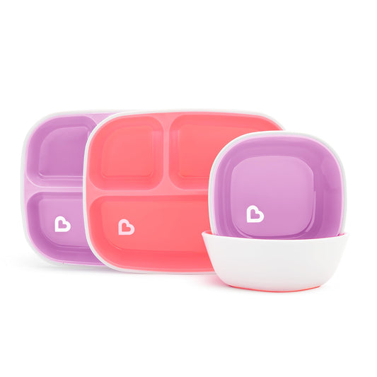 Munchkin Splash 4 Piece Toddler Divided Plate and Bowl Dining Set, Pink/Purple