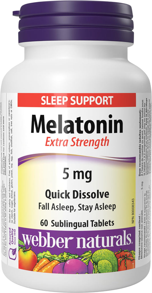 Webber Naturals Melatonin 5 mg, Extra Strength, 60 Quick Dissolve Tablets, For Sleep Support