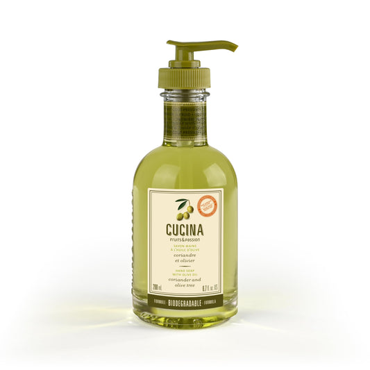 Cucina Hand Soap with Olive Oil, Coriander and Olive Tree, 200 ml, Biodegradable Formula, Recyclable Glass Bottle, Fruits & Passion