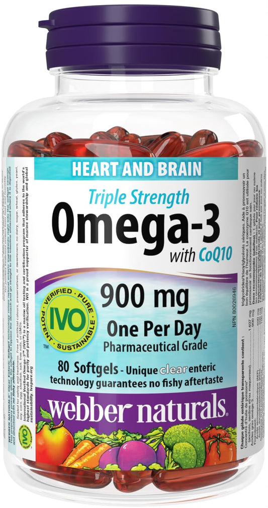Webber Naturals Omega-3 with CoQ10, 80 Clear Enteric No Fishy Aftertaste Softgels, Supports Cardiovascular Health and Brain Function