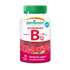Jamieson Vitamin B12 1,200 mcg Gummies Natural Raspberry Flavour, Naturally Energizing, and Supports Metabolism. Vegetarian, Non-GMO, Gluten-Free, No Artificial Flavours, Colours, or Preservatives, 70 Count, Proudly Canadian