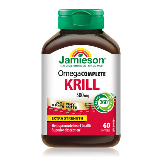 Jamieson Omega Complete Pure Krill Oil 500 mg Softgels, No Fishy Aftertaste, Supports Heart Health, and Provides Superior Absorption with Antarctic Krill Oil, EPA, DHA, Phospholipids, and Astaxanthin, Gluten-Free, 60 Count, Proudly Canadian