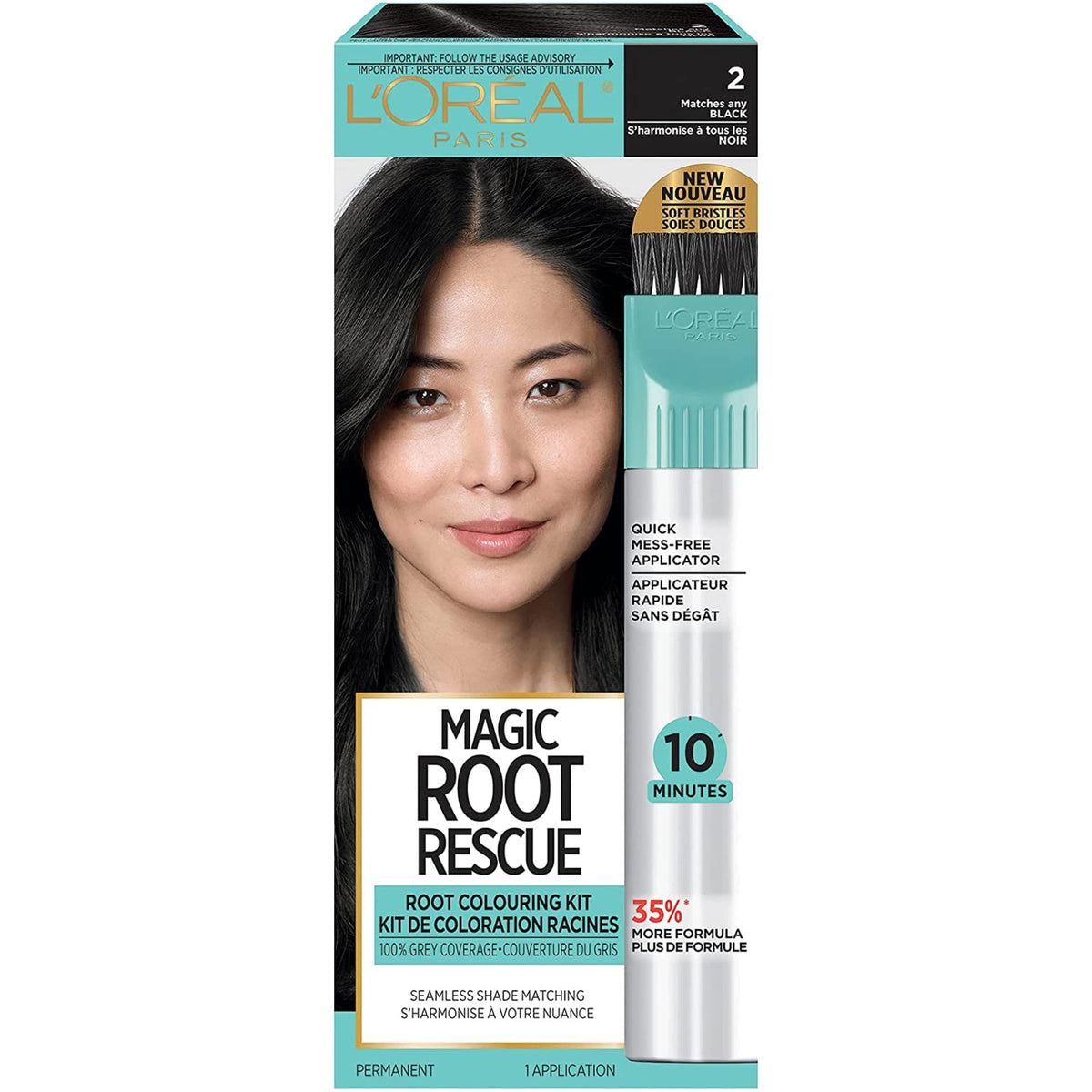 L'Oreal Paris Magic Root Permanent 10 Minute Root Touch Up, 2 Black, 100% Grey Coverage Hair Dye with with Quick Precision Applicator, 1 kit (Packaging May Vary)