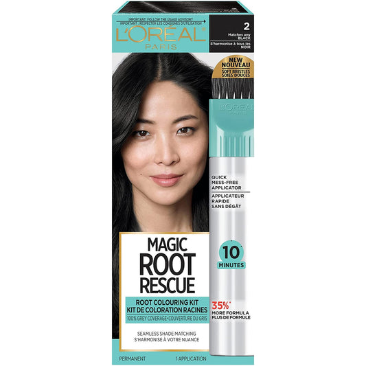 L'Oreal Paris Magic Root Permanent 10 Minute Root Touch Up, 2 Black, 100% Grey Coverage Hair Dye with with Quick Precision Applicator, 1 kit (Packaging May Vary)