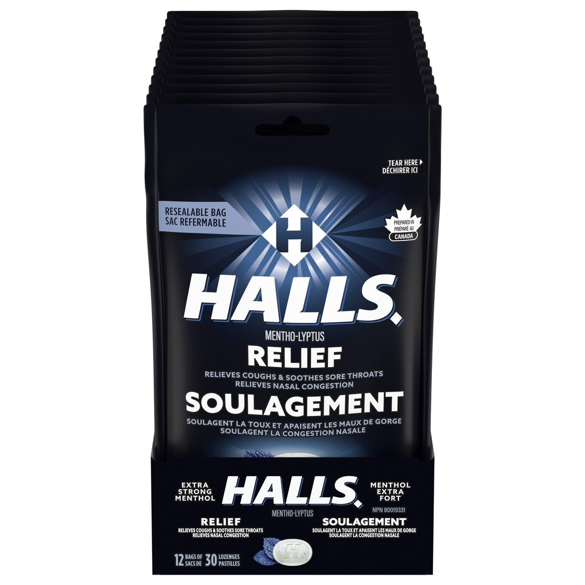 HALLS Extra Strong, Cough Drops, Throat Lozenges, Sore Throat Relief, Mentho-Lyptus, 30 Lozenges, Prepared in Canada