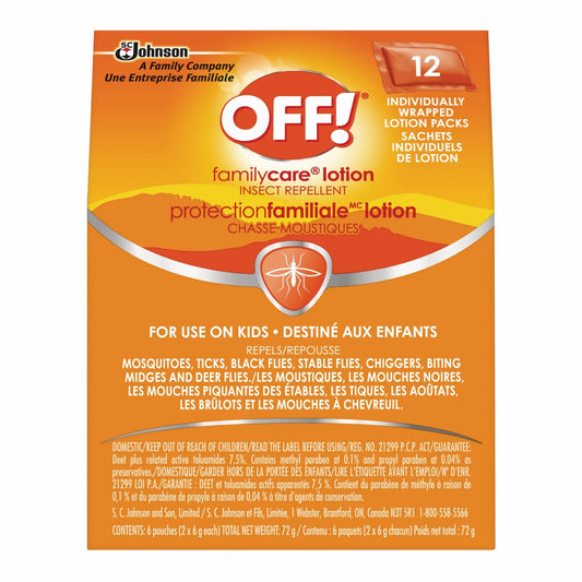 OFF! FamilyCare Mosquito & Insect Repellent Lotion, 7.5% DEET, Travel Size Bug Protection for Camping & Outdoors, 6g Pouches, Pack of 12