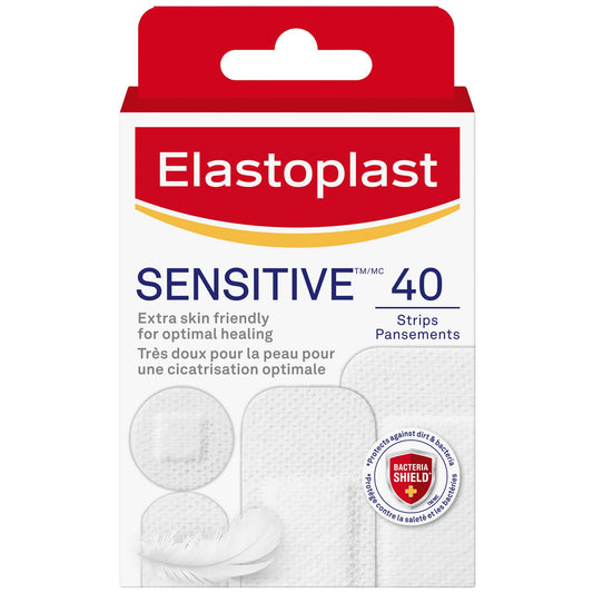 ELASTOPLAST Sensitive Adhesive Bandages for Wound Care and First Aid Kit, Extra Skin-Friendly Hypoallergenic Bandages, Strong Adhesion, Bacteria Shield, First Aid Supplies, 40 Assorted Sizes, White