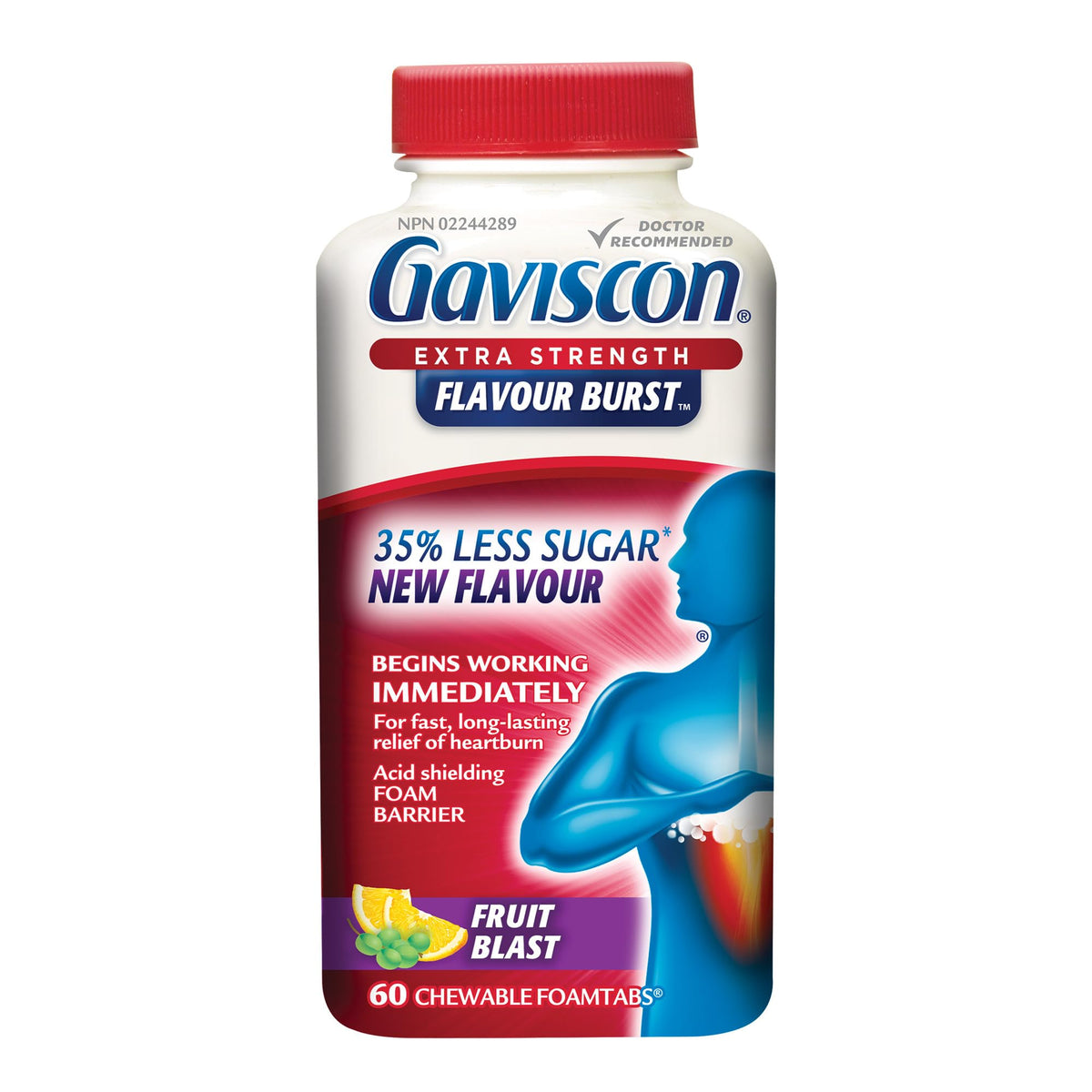 Gaviscon Extra Strength Flavour Burst Tablets - 60 Count - Chewable Foaming Antacid Tablets for Day and Night Heartburn Relief, Acid Reflux and GERD Relief, Fruit Blast - Free of Aluminum, Lactose and Gluten
