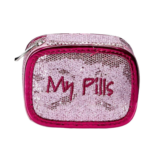 Miamica Zippered “My Pills ” Pill Case with 8-Day Removable Plastic Medicine Organizer, Pink Glitter, 3.5” L x 2.75” W x 1.25” H – Keep Your Vitamins and Pills Organized – Compact and Sleek Pill Box,