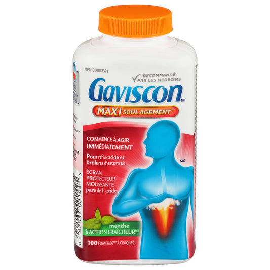 Gaviscon Max Relief Tablets - 100 Count - Chewable Foaming Antacid Tablets for Day and Night Heartburn Relief, Acid Reflux and GERD Relief, Cooling & Refreshing Peppermint - Free of Aluminum & Lactose