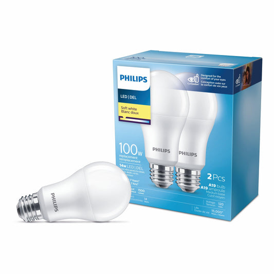 PHILIPS 461979 LED 100W A19 Soft White Non-Dimmable Bulb, 2-Pack