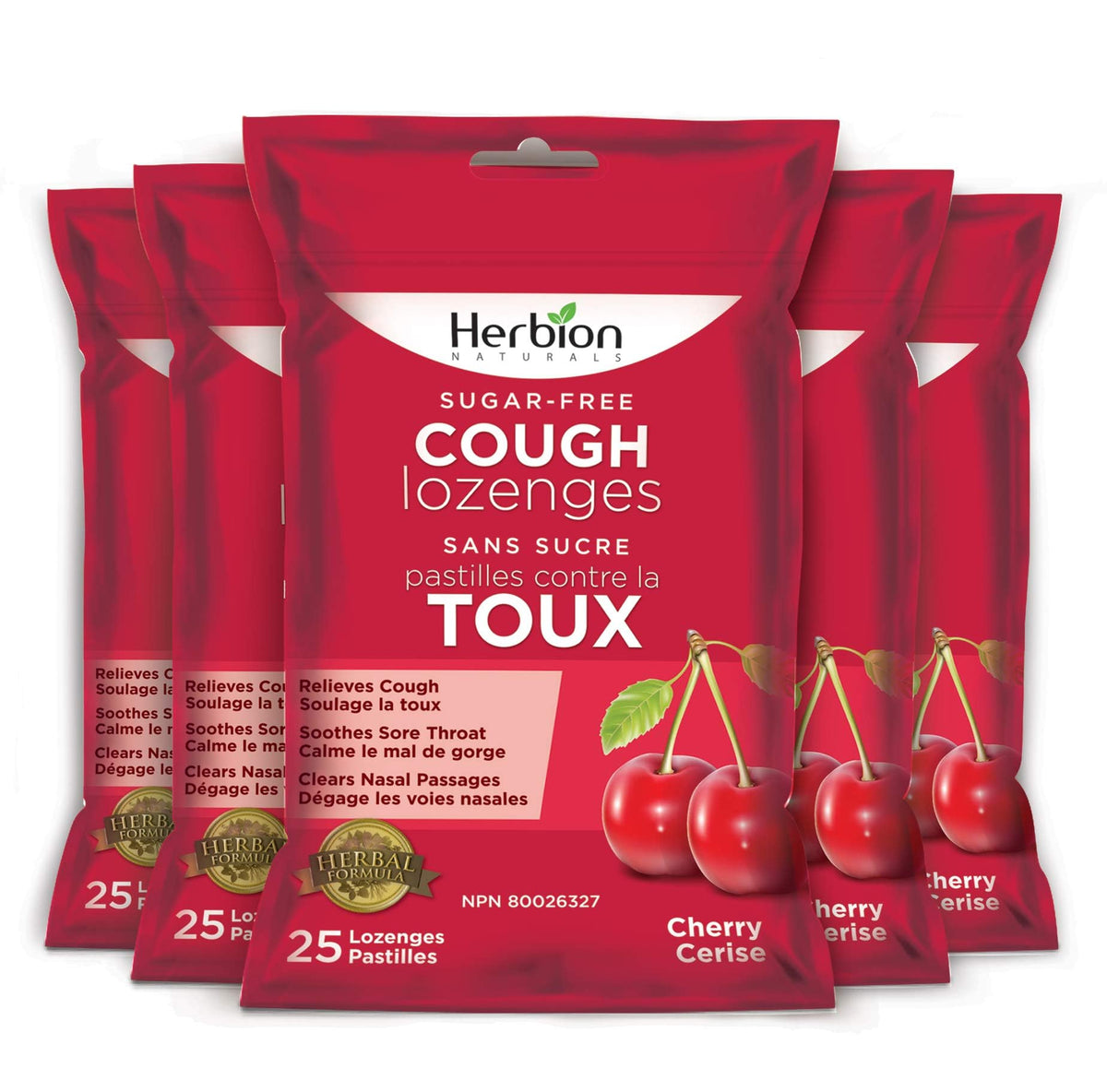 Herbion Naturals Sugar Free Cough Lozenges Cherry, 25 Lozenges, Relieves Cough & Congestion, Soothes Sore Throat, For Adults & Children 12+, Pack of 5