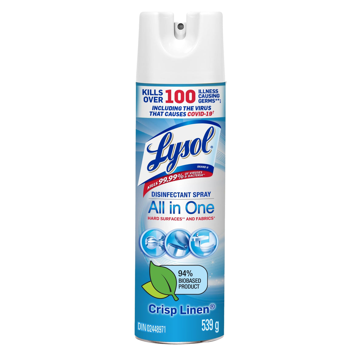 Lysol All-in-One Disinfectant Spray, Kills 99.9% of Germs on Hard Surfaces & Fabrics, Eliminates Odours, Crisp Linen Scent, 539 g